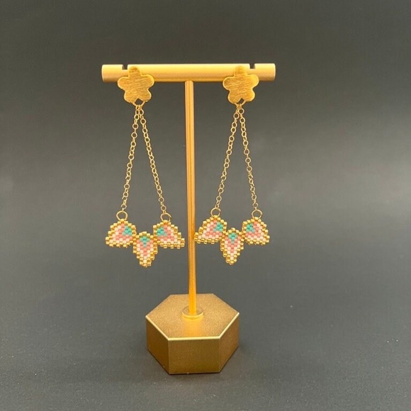 Delicate Gold Floral Dangle Earrings - Cute Beaded Flower Earrings - Picture 6 of 13